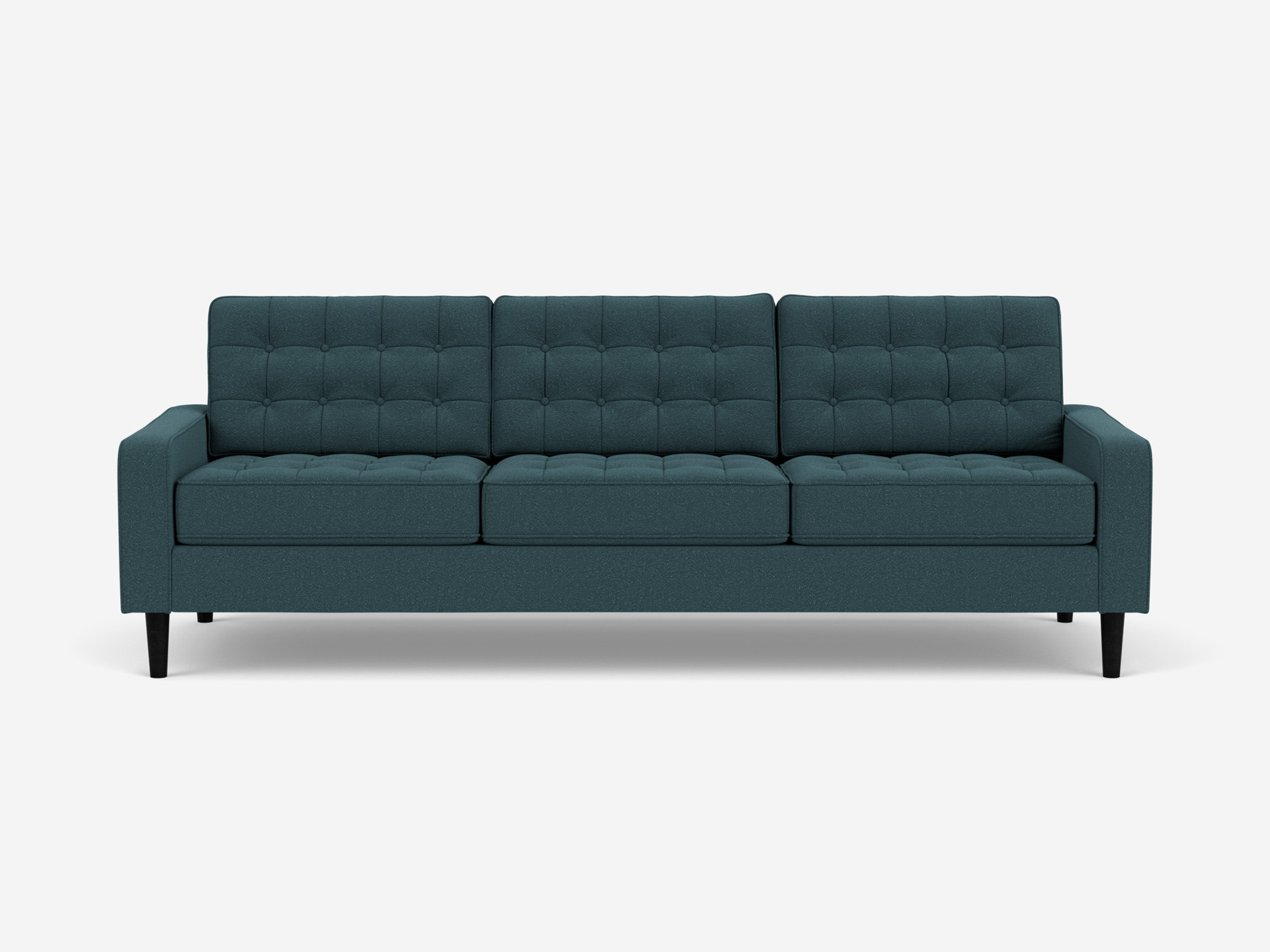 Front view of our mid century modern sofa, the Reverie 92", upholstered in blue fabric